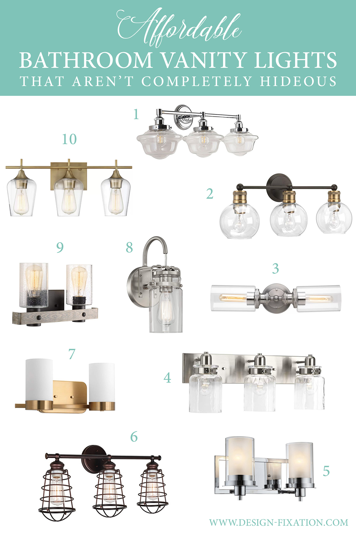 On the hunt for bathroom lighting that won't break the bank? You've come to the right place! Here are 10 affordable bathroom vanity lights that will fit the bill. /// Design Fixation #renovation #cheap #lighting