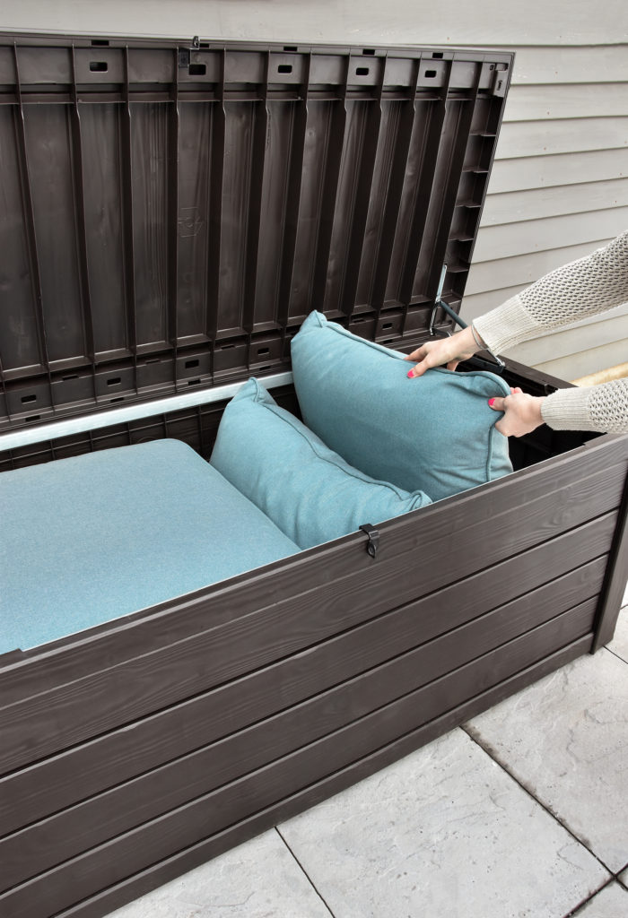 New Patio Storage... Just In Time For Spring! /// By Faith Towers Provencher of Design Fixation  #patio #storage #spring
