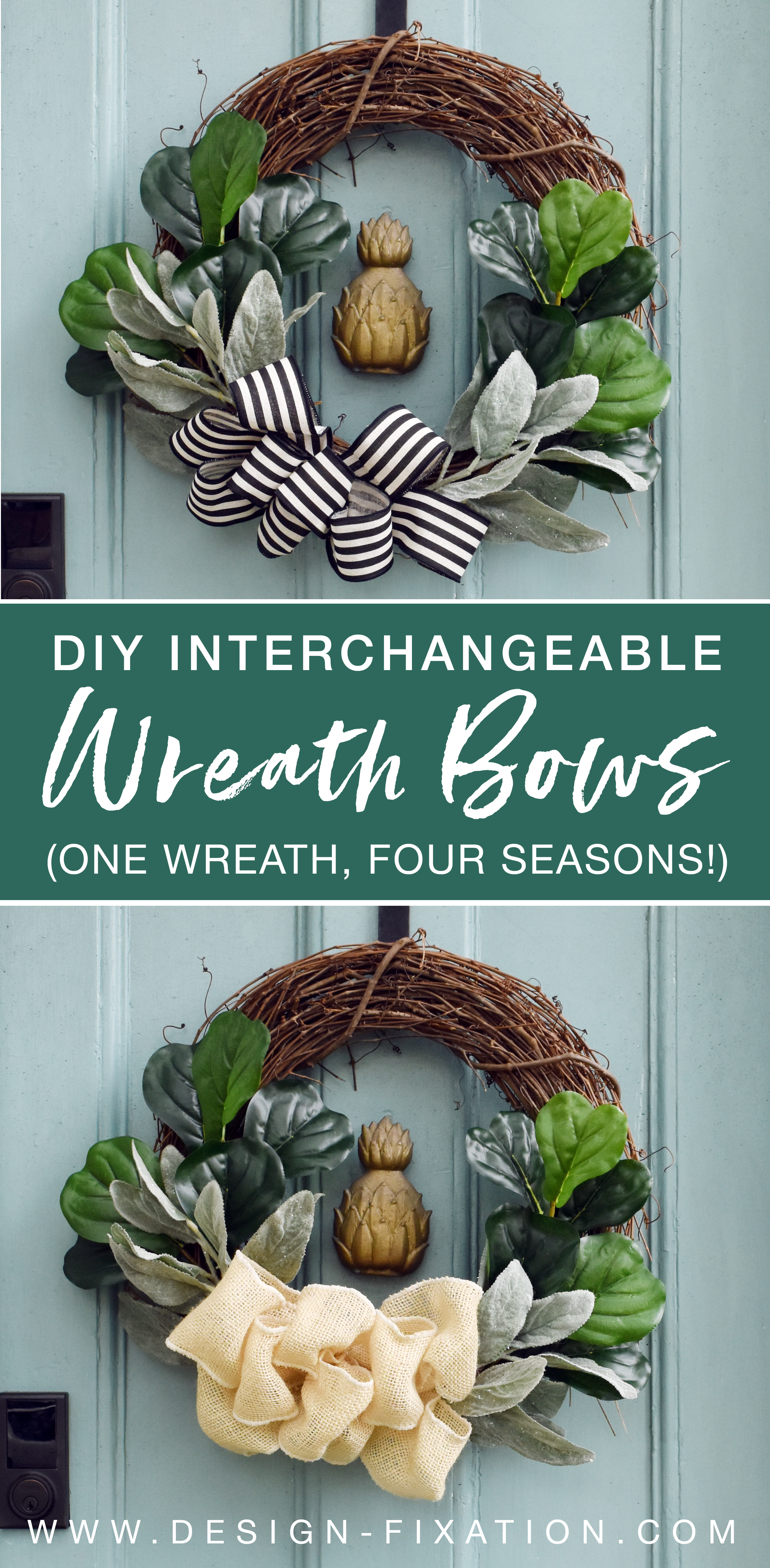 How To Make A Wreath Bow Out Of Ribbon: Interchangeable Wreath Bows For Every Season /// By Design Fixation #diy #simplify #curb_appeal #holiday