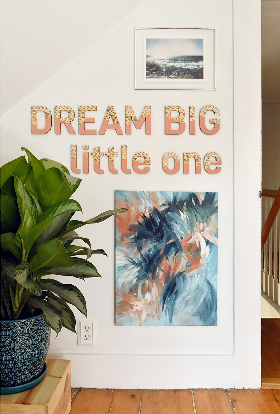 DIY Color Block Wall Art Quote With Mud Cloth Style Details... Make your own cute wall art quote for your baby's nursery! /// By Design Fixation "Dream big little one" #colorblock #mudcloth #quote #wall_art #baby